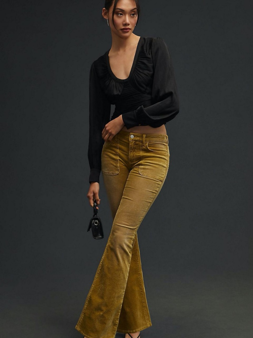 PILCRO 28 Mustard Gold The IconFlared Cuff Corduroy Bohemian Pants Front Pockets